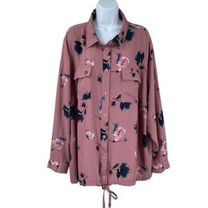 Belle Kim Gravel Pink Floral Bloom Button Up Tie Hem Blouse Sz 3X Casual Office
